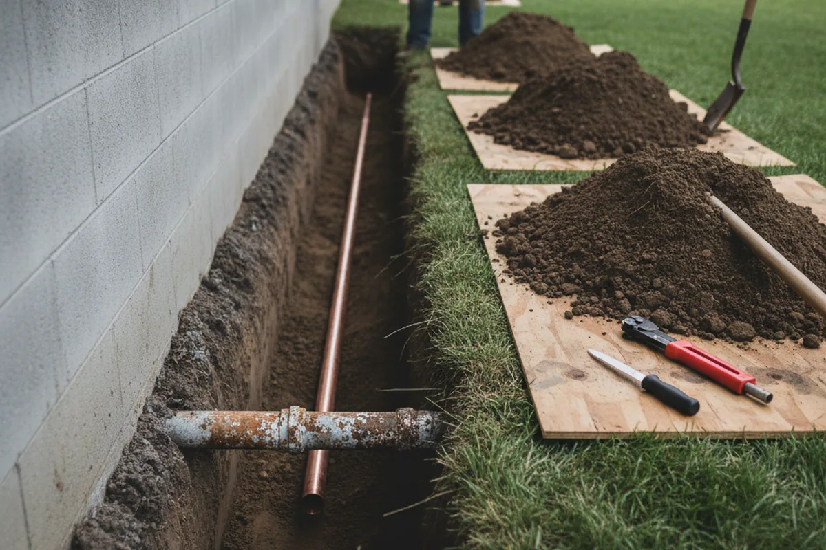 Excavated water line trench during Water Heater Repair in Grand River